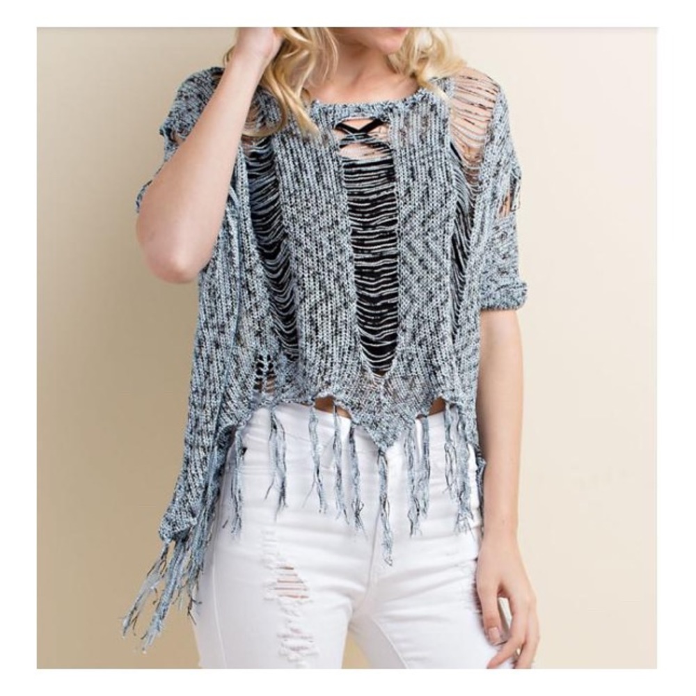 Peppered blue fringe sweater (almost a poncho)